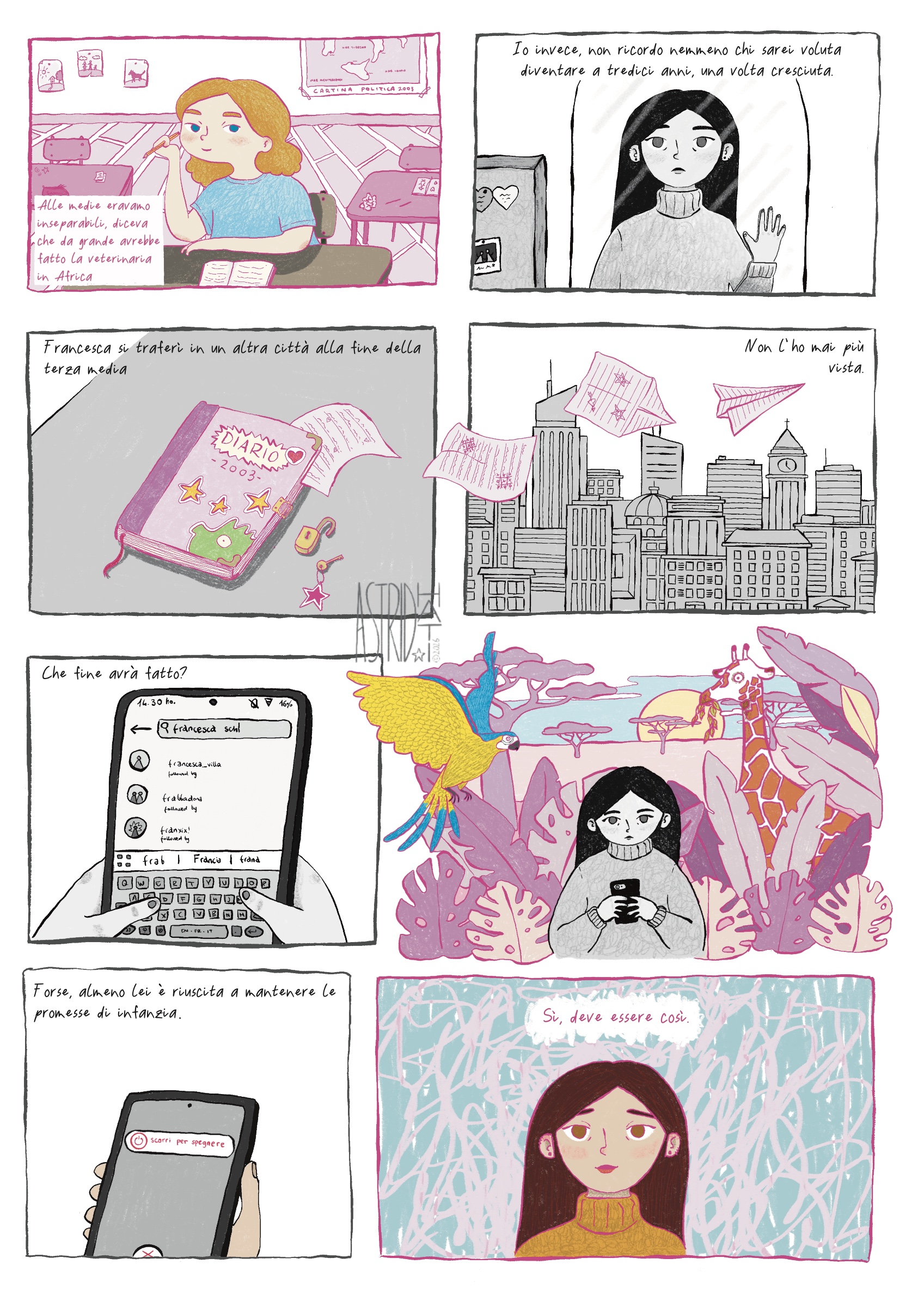 Un fumetto di due tavole, storia e disegni originali. Ambientato nei primi anni 2000, racconta di due amiche e della chiave perduta di un diario dimenticato. Una brev storia sull'amicizia e sulle cose che seppelliamo senza volerle davvero perdere.
Progetto personale, non commissionato.