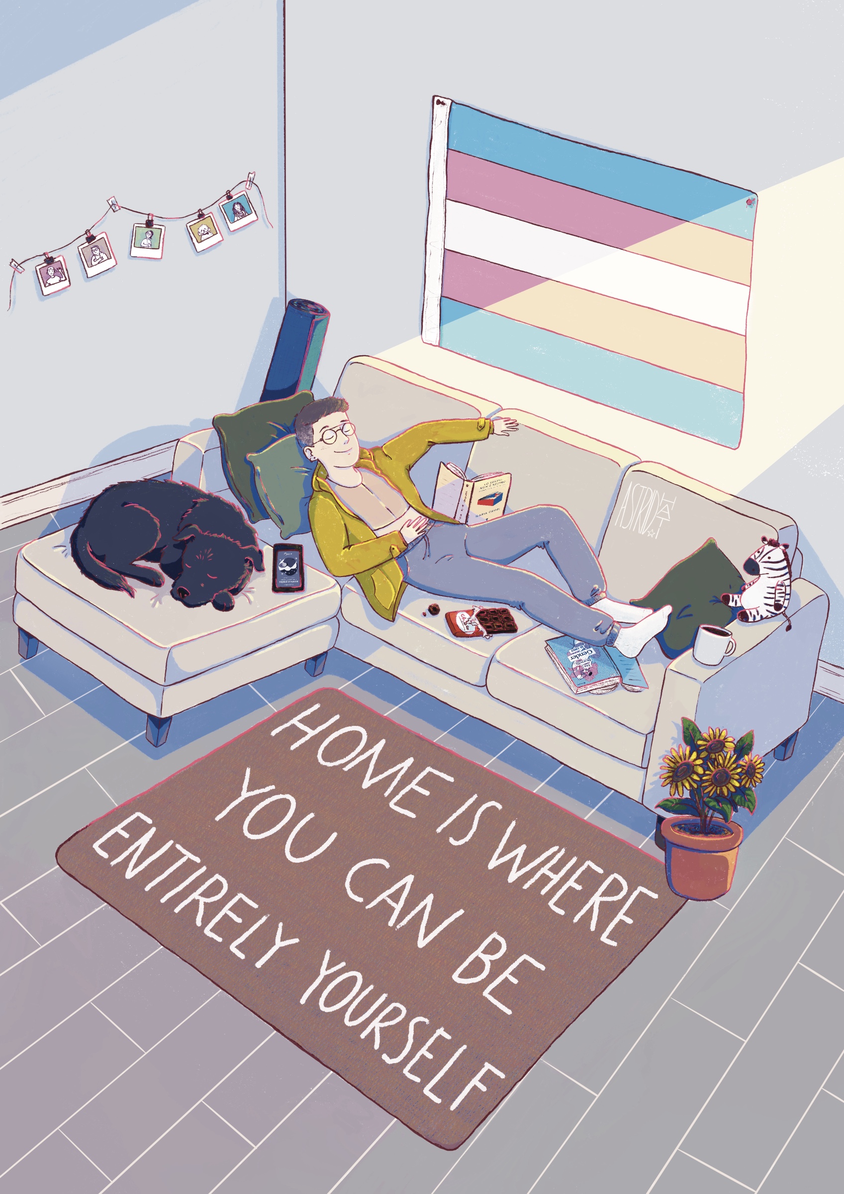 Illustrazione realizzata su commissione privata, in occasione del Transgender Day of Visibility.
Nel lavoro sono rappresentate le cose preferite del cliente e il suo stile di vita, con dettagli scelti in base ai feedback sul processo creativo.
Un lavoro fatto su misura, dall'idea al risultato finale.